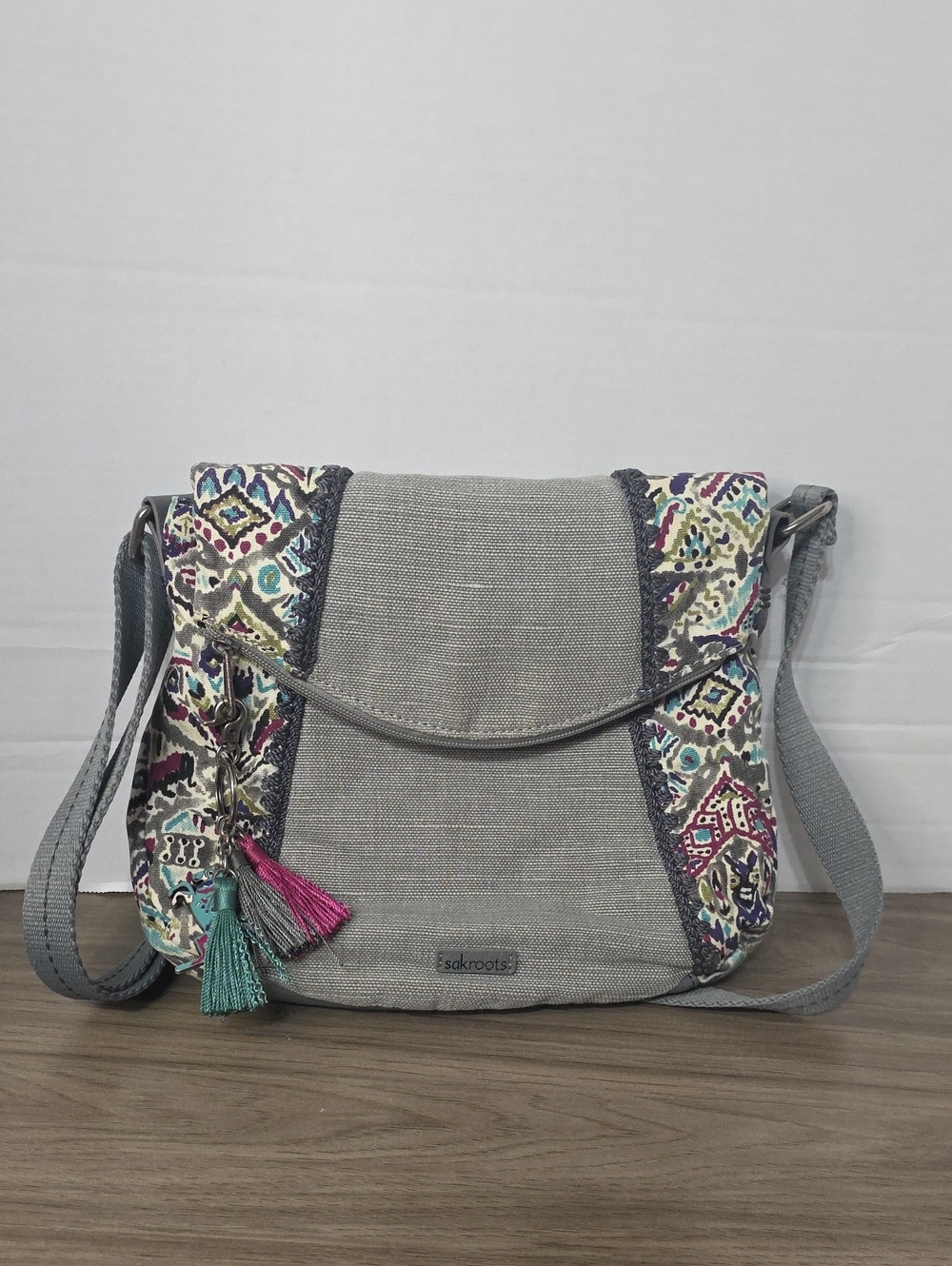 Sakroots Gray Crossbody with Colorful Embroidered Accents